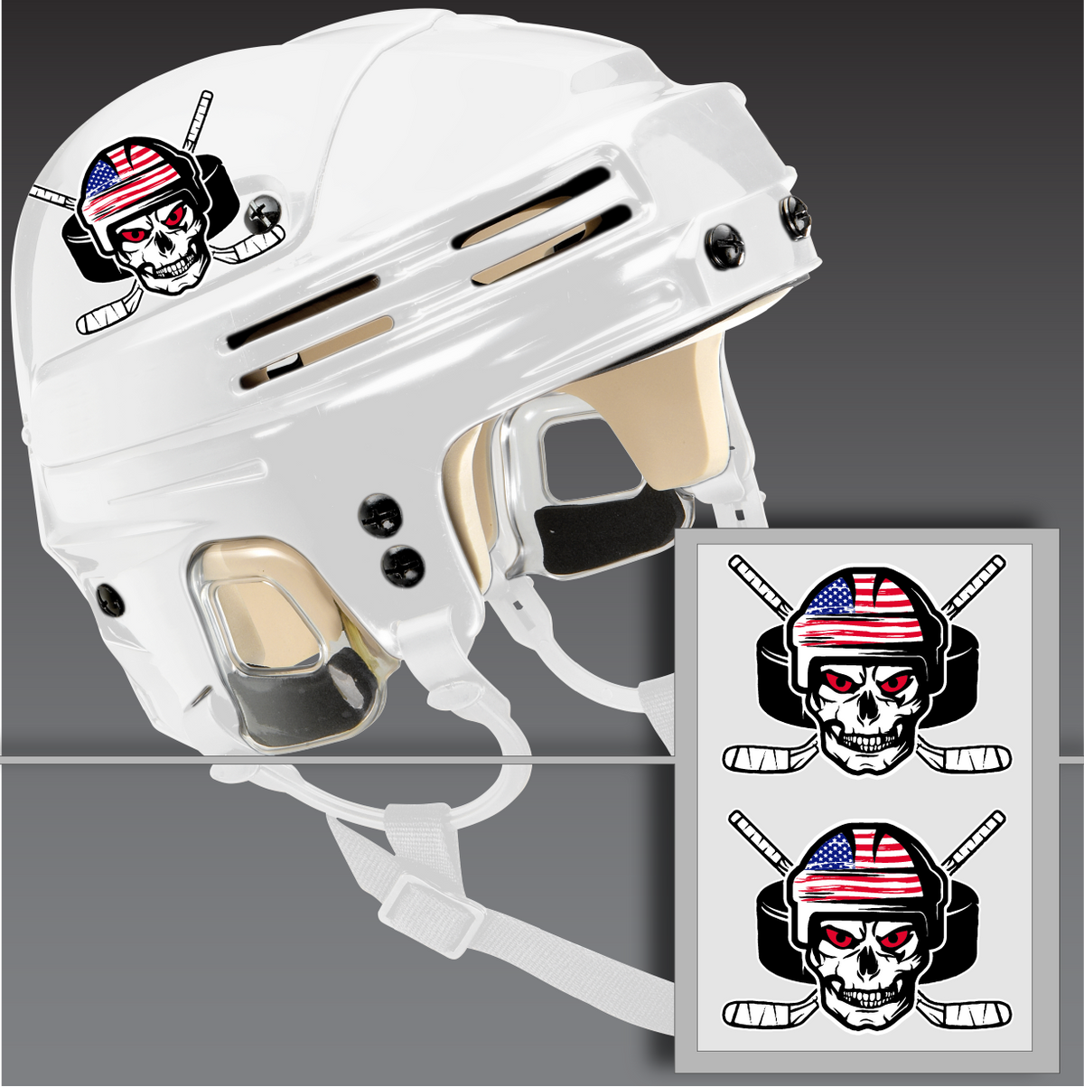 SOLD IN SETS! Printed on our durable 20 mil material that is made to withstand abuse and easily applies to plastic helmets.